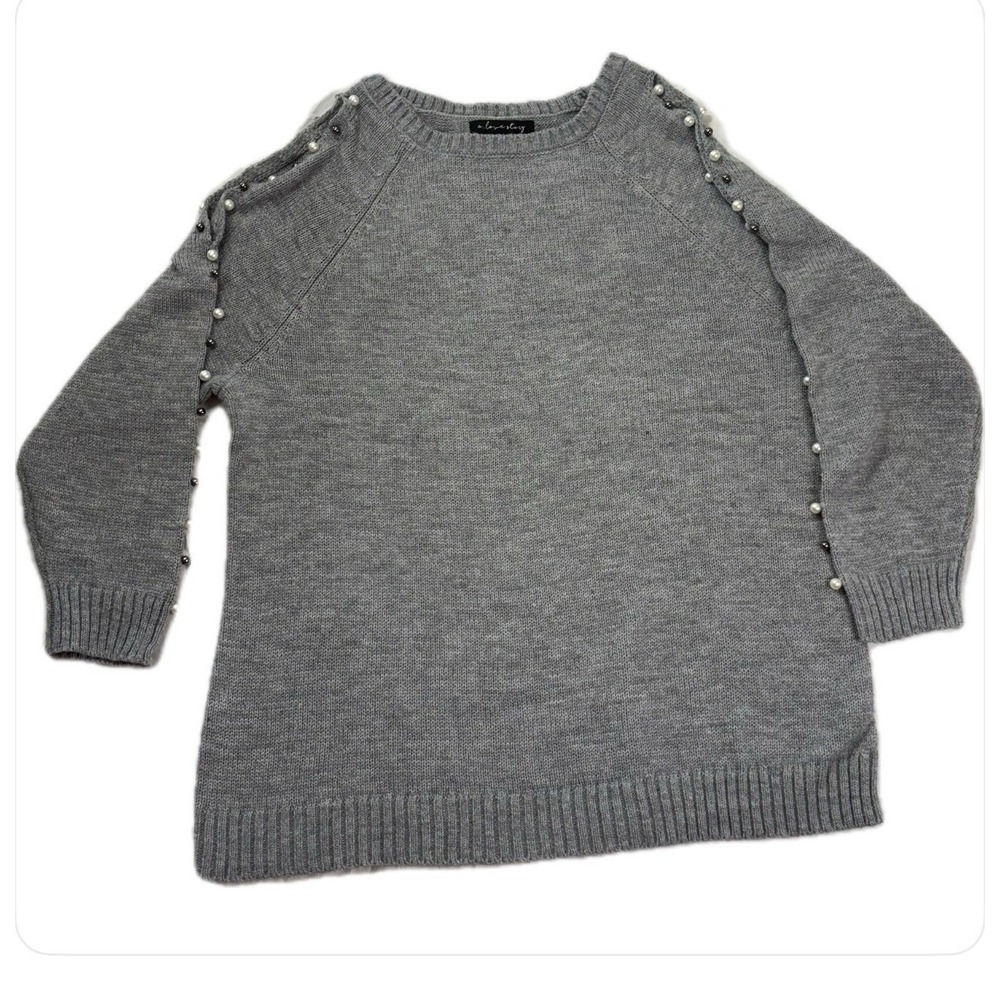 A Love Story Women Grey Knit Sweater Slit Sleeve And Pearls & Silver Beads 1XL‎